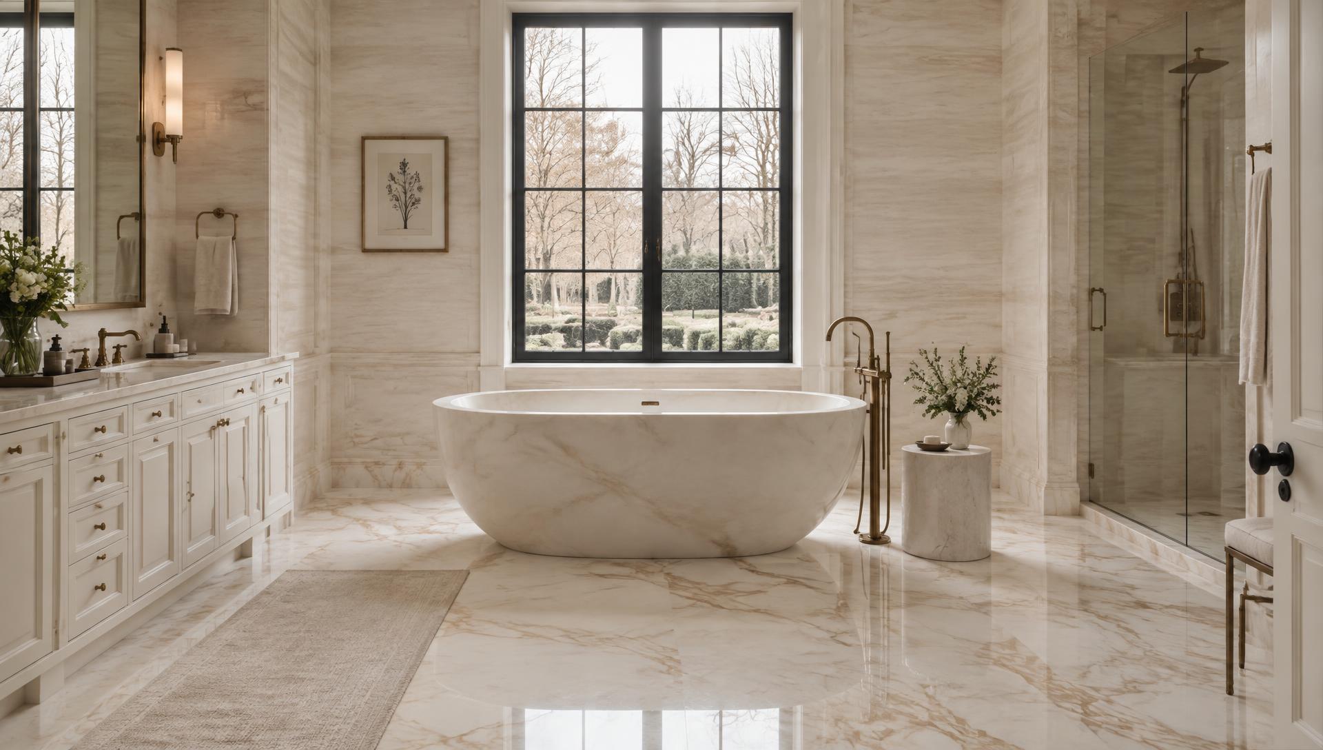 Gold-veined cream, ivory travertine.