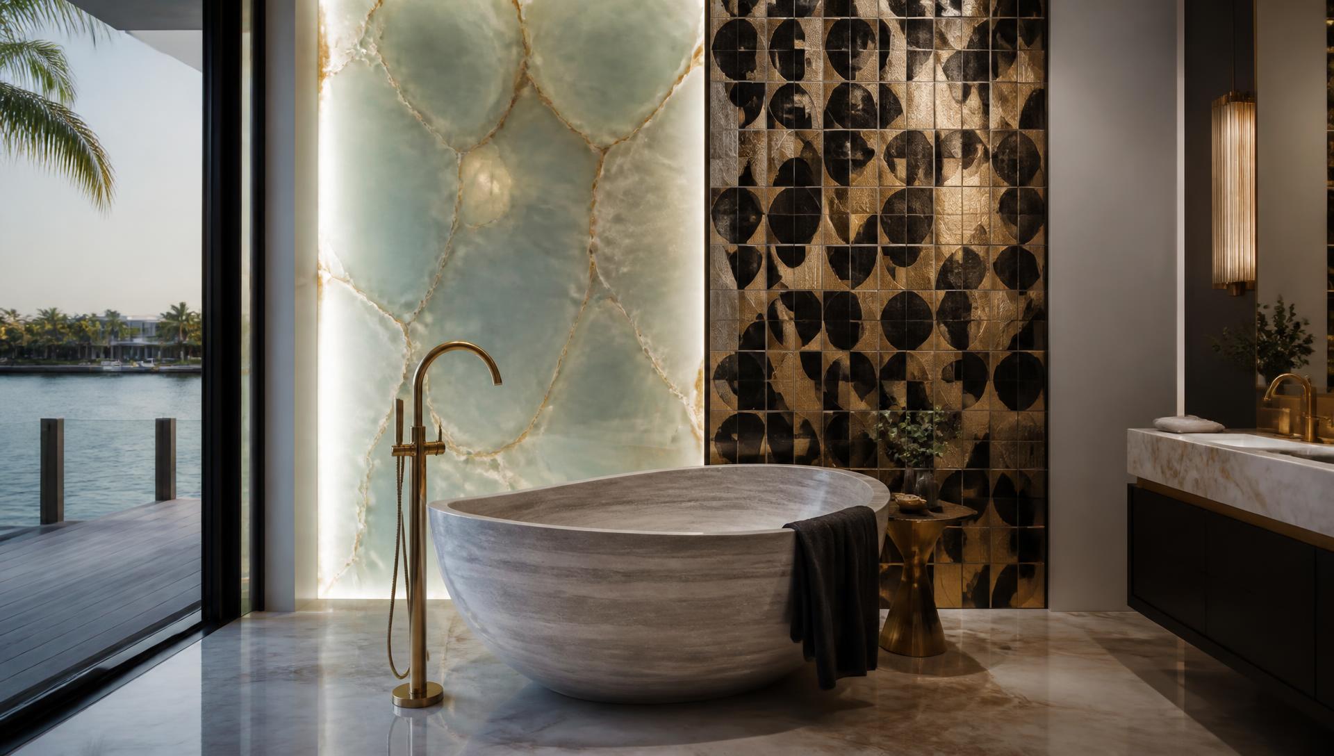 Backlit onyx, warm cream, one gilded panel.