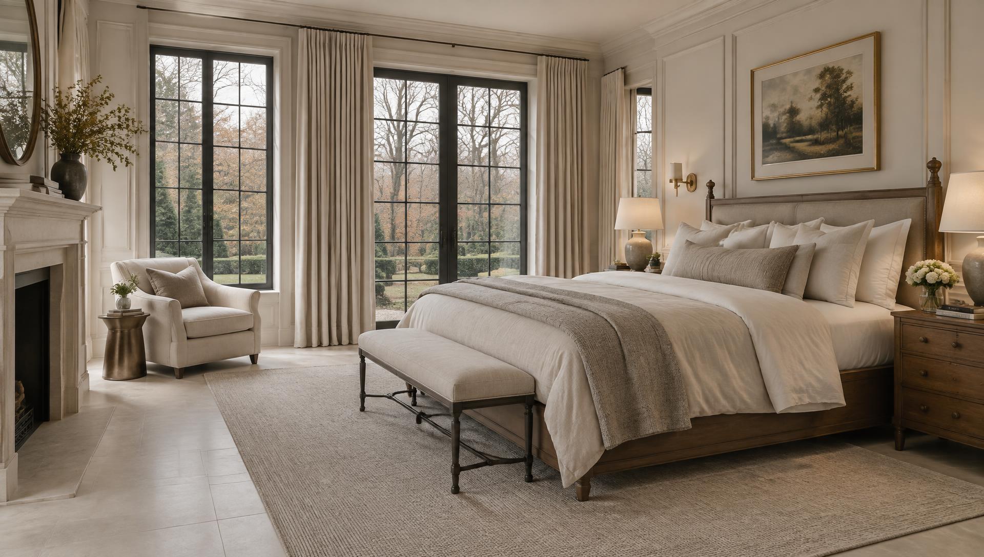 Pale stone, linen and oak.