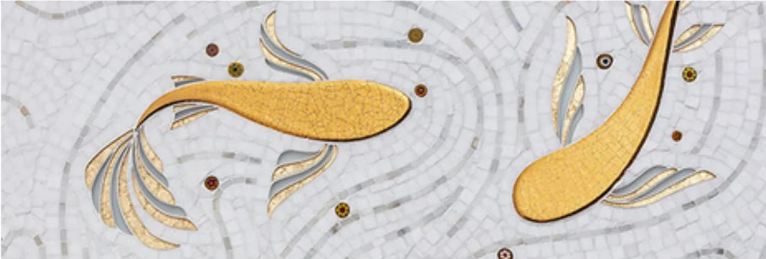Golden Koi — White marble field with gilded koi